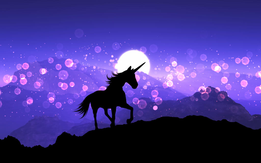 3D fantasy unicorn on a mountain landscape with purple sunset sk — O ...